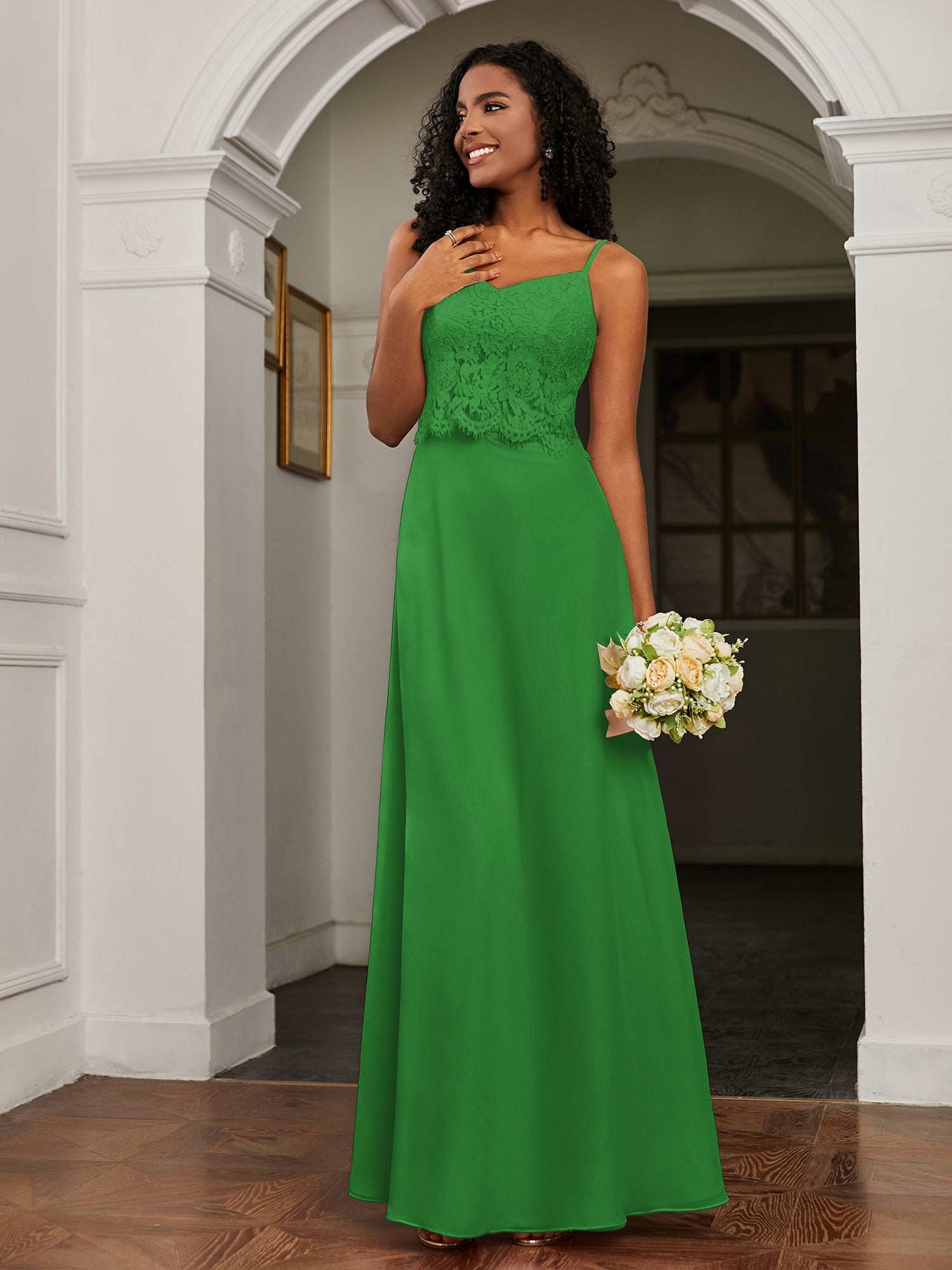 Lace Appliqued  Backless Chiffon A-Line Dress Green